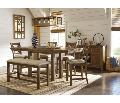 Moriville - Dark Gray - 7 Pc. - Counter Extension Table, 4 Barstools, Bench, Server