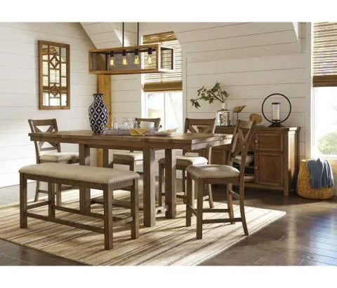 Moriville - Dark Gray - 7 Pc. - Counter Extension Table, 4 Barstools, Bench, Server