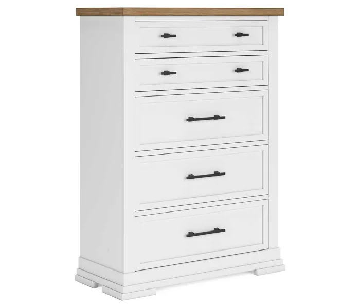 Ashbryn - White / Natural - Five Drawer Chest, 58.25" Tall