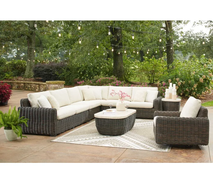 Kimora - Beige / Dark Brown - 7 Pc. - 4-Piece Outdoor Sectional, Swivel Glider Lounge, Cocktail Table, End Table
