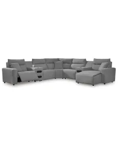 CozyMax II - Salt And Pepper - 7-Piece Power Reclining Sectional With RAF Press Back Power Chaise, 143"