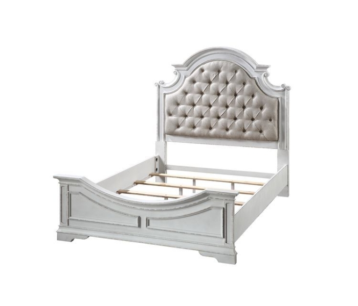 Florian - Queen Bed - Beige Synthetic Leather & Antique - White