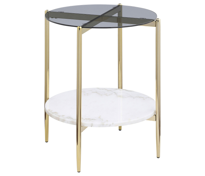 Jonelle - Round Glass Top End Table White Marble Shelf Gold - Smoke, 19.25"