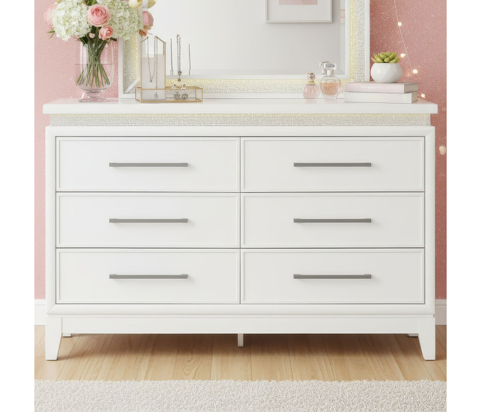 Reflections - 6 Drawer Dresser With Lights - Pearl - White, 56" Wide