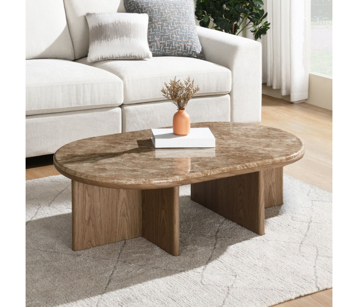 Markku - Coffee Table With Natural Marble - Oak - Dark Brown