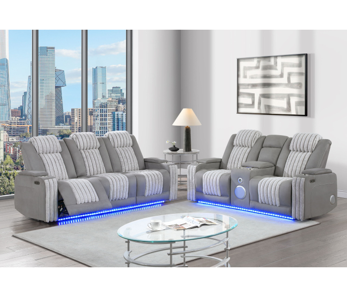 U8000 - 3 Piece Living Room Set (Power Console Reclining Loveseat With Power Headrest LED & Bluetooth Speaker, Power Reclining Sofa With Headrest DDT Table Reading Light & LED) - Gray