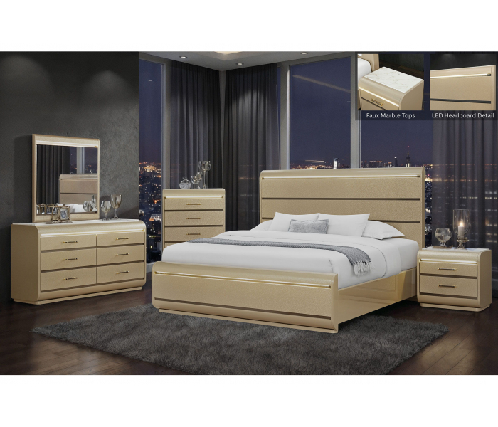 Genesis - 5 Piece Full Bedroom Set (Bed, Dresser & Mirror, Nightstand, Chest) - Gold