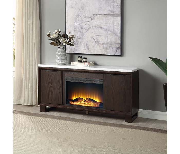 Edwyn - Server With Fireplace - Natural Marble Top & Espresso - Dark Brown