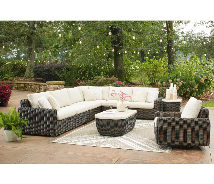 Kimora - Beige / Dark Brown - 7 Pc. - 4-Piece Outdoor Sectional, Swivel Glider Lounge, Cocktail Table, End Table