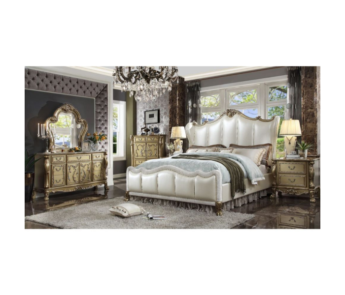 Dresden II - Queen Bed - Pearl White PU & Gold Patina