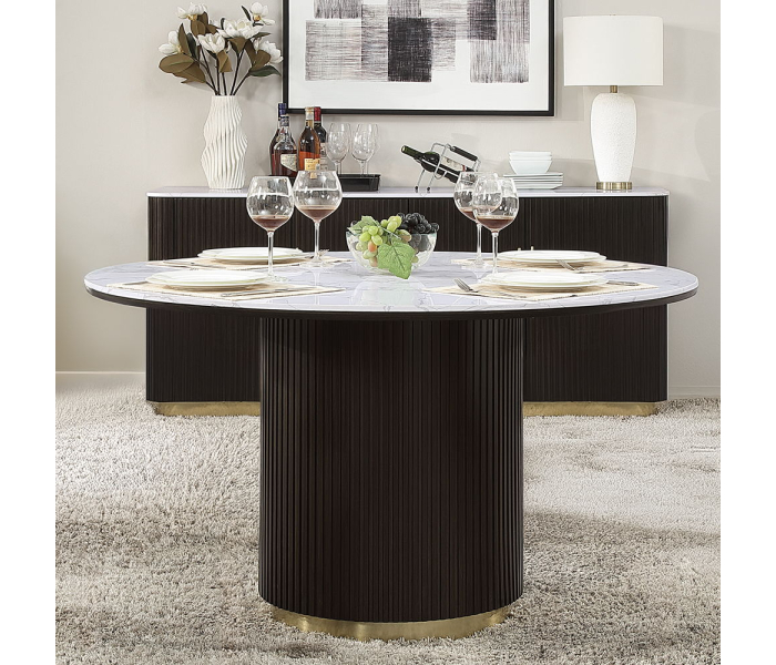 Clayten - Round Dining Table With Marble - White Natural Marble Top & Espreeso Finish, 52"