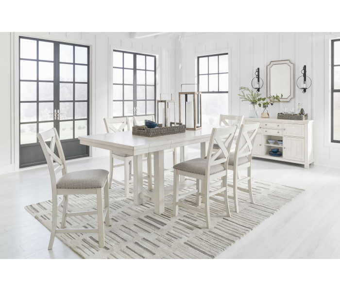 Robbinsdale - Antique White - 8 Pc. - Rectangular Counter Height Dining Extension Table, 6 Barstools, Server