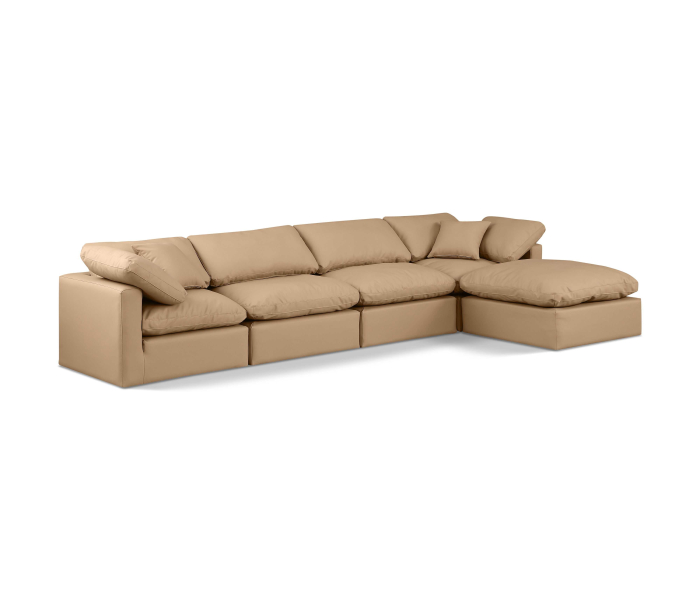 Indulge - Faux Leather 5 Piece Modular Sectional With Chaise - Tan, 140"