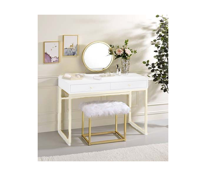 Adao - Vanity Mirror - Faux Fur, Mirror, White & Brass Finish