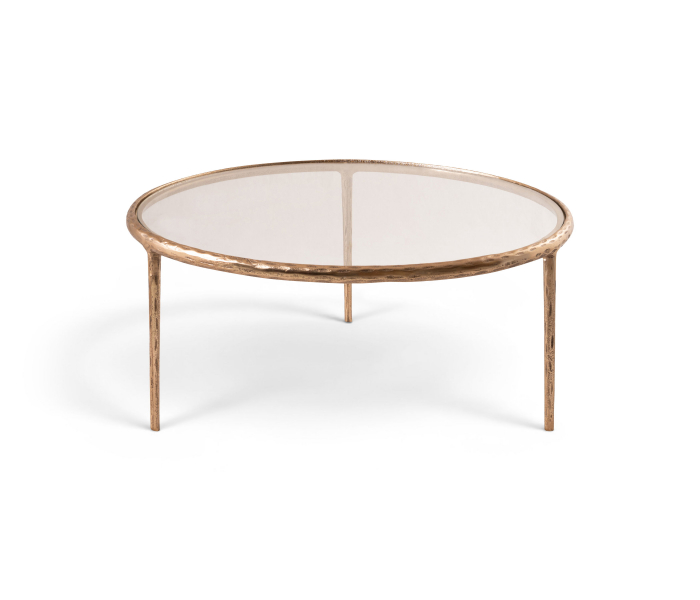 Evren - Glass Top And Aluminum Base Coffee Table - Clear / Brass - Gold, 35.75"