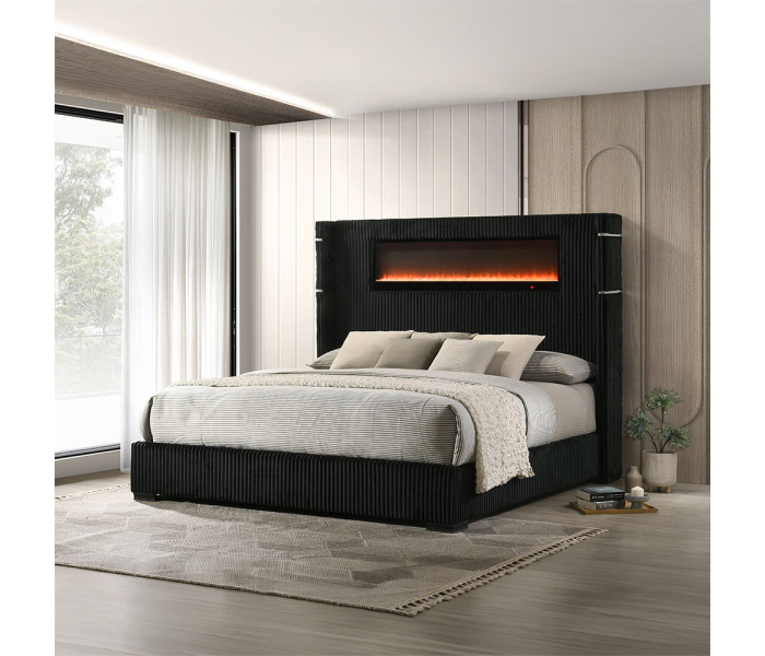 Garner - Eastern King Bed With Fireplace, LED, Reading Light, Speaker, Bluetooth & USB - Black &