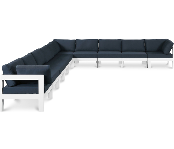 Nizuc - Outdoor Patio 10 Piece Modular Corner Sectional With White Frame - Navy, 180"
