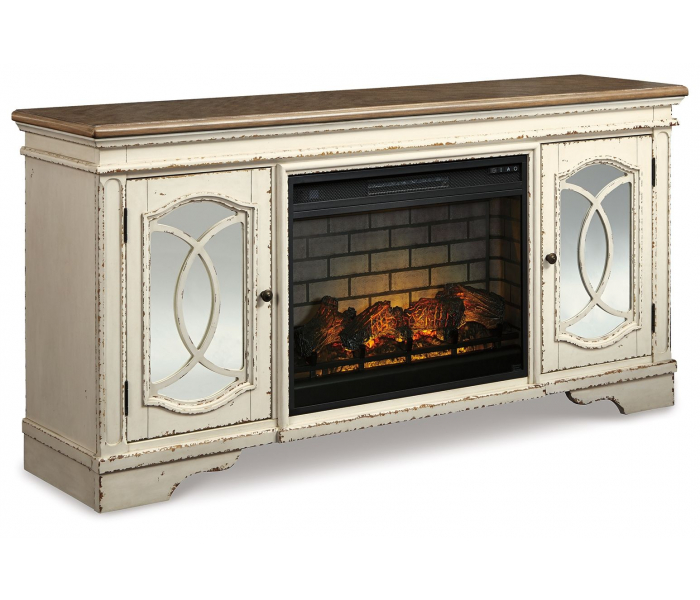 Realyn 2 Pc. 74" TV Stand With Electric Infrared Fireplace Insert Chipped White