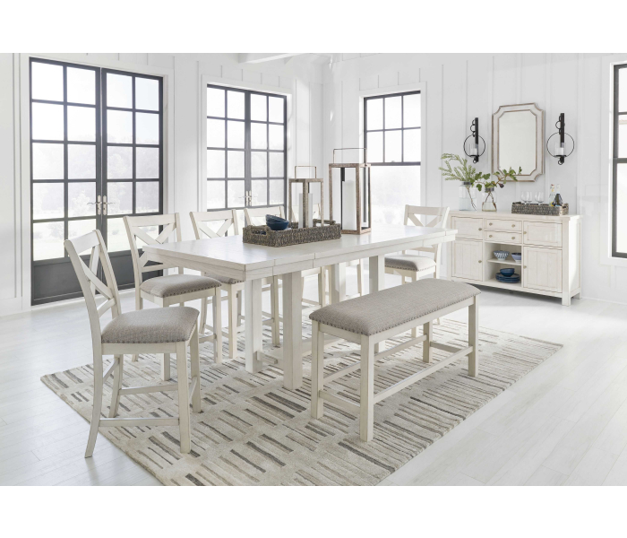 Robbinsdale - Antique White - 9 Pc. - Rectangular Counter Height Dining Extension Table, 6 Barstools, Bench, Server