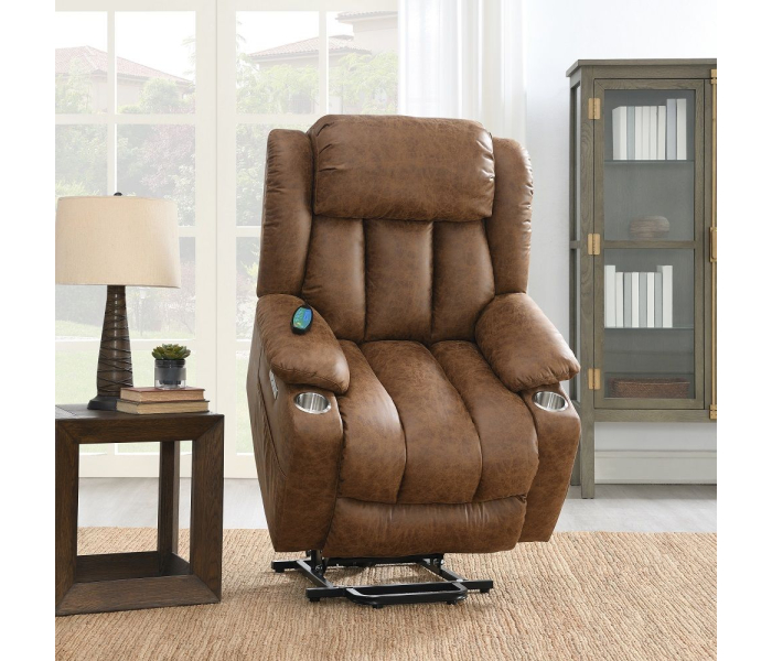 Omarion - Power Recliner With Lift & Heating & Massage - Brown Leather Aire - Dark Brown
