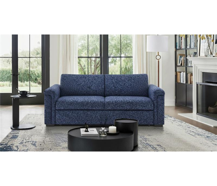 U0211 - Pull Out Sofa Bed With Wooden Bookcase Arm With LED Acrylic Shelves And Speakers - Navy - Blue, 74"