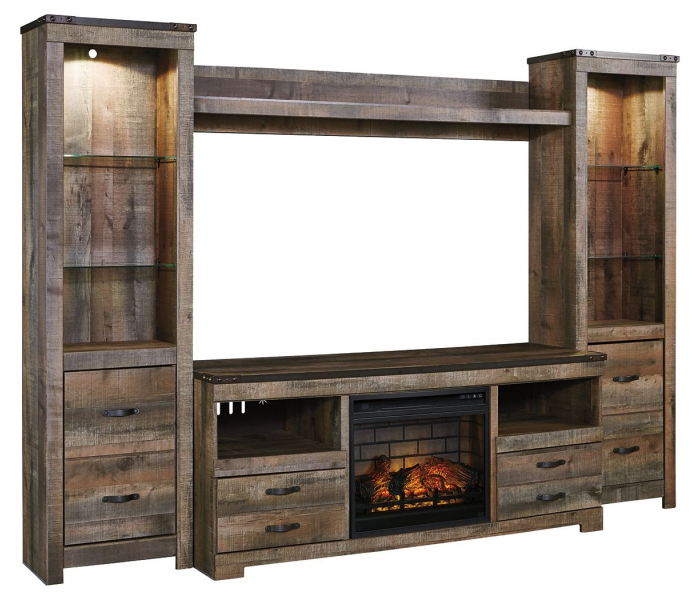 Trinell 5 Pc. Entertainment Center 63" TV Stand With Faux Firebrick Fireplace Insert Brown