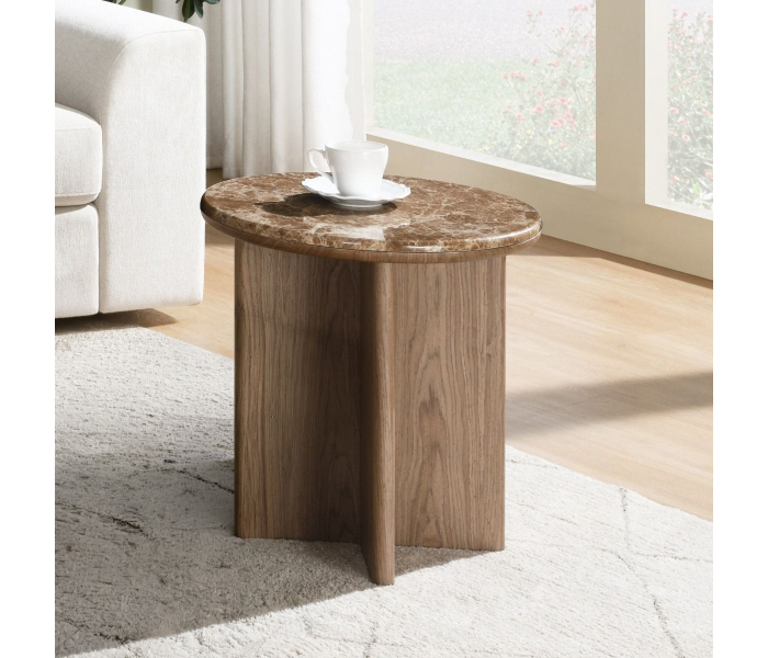 Markku - End Table With Natural Marble - Oak - Dark Brown