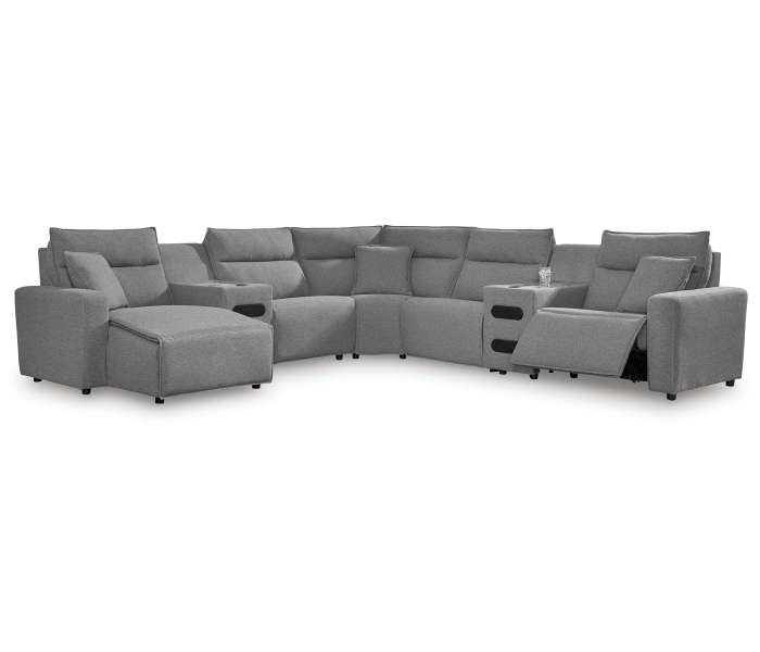 CozyMax II - Salt And Pepper - 7-Piece Power Reclining Sectional With LAF Power Chaise And With Audio Console, 143"