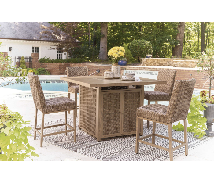 Walton Bridge - Driftwood - 5 Pc. - Square Bar Table W/Fire Pit, 4 Barstools