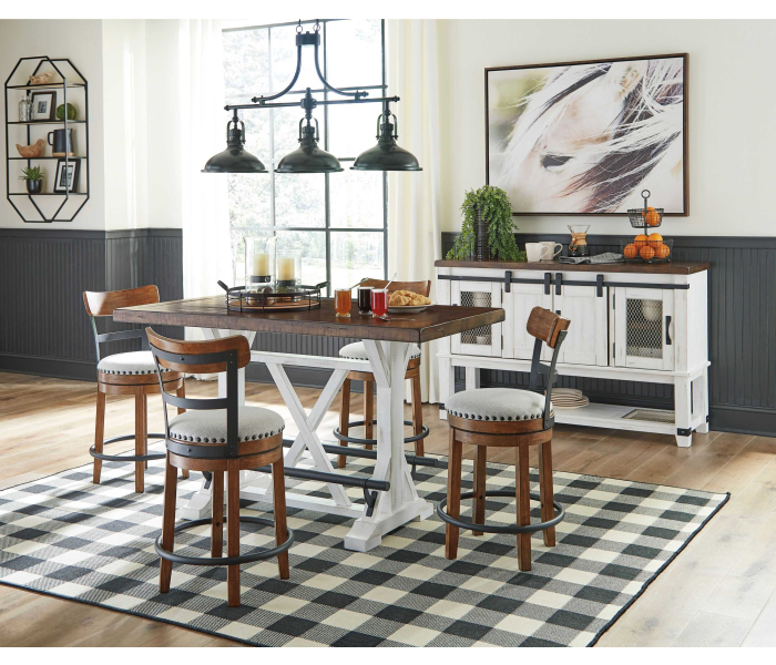 Valebeck - White - 6 Pc. - Counter Table, 4 Counter Barstools, Server