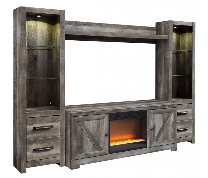 Wynnlow 5 Pc. Entertainment Center 63" TV Stand With Fireplace Insert Glass/Stone Gray