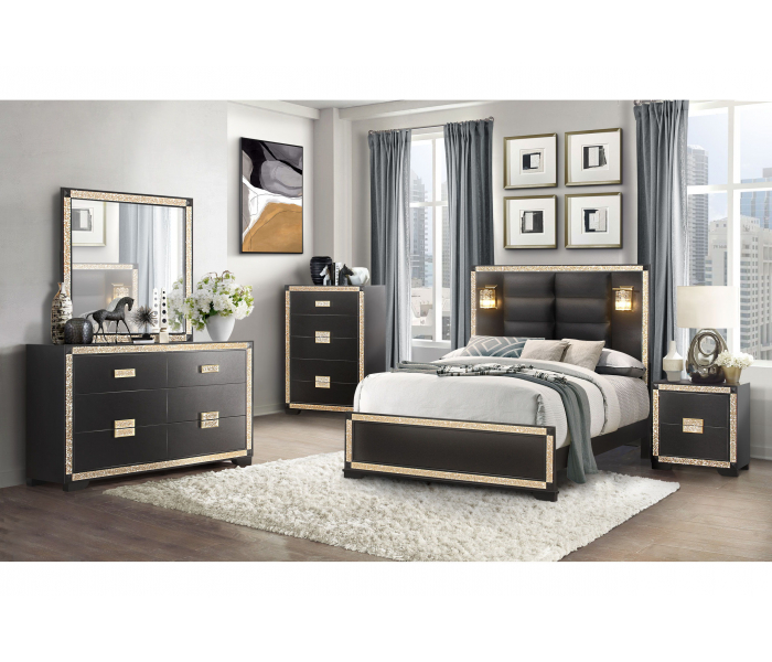 Blake - 5 Piece Bedroom Set (King Bed With Lamps, Dresser, Mirror, 2 Nightstands) - Black / - Black