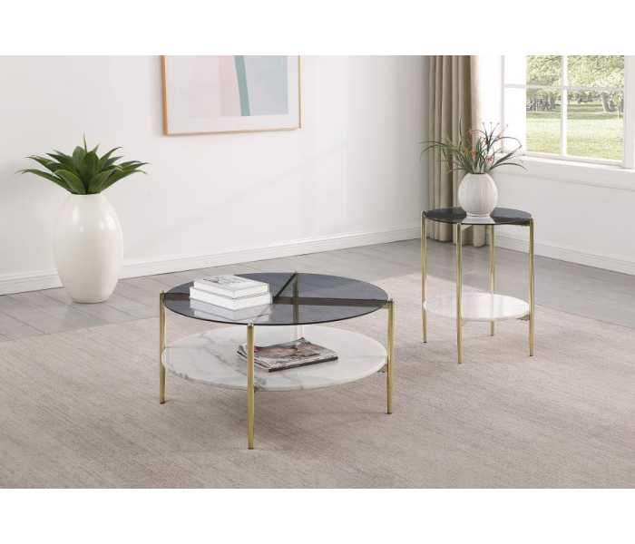 Jonelle - 2 Piece Round Coffee And End Table Set - Gold / Smoke