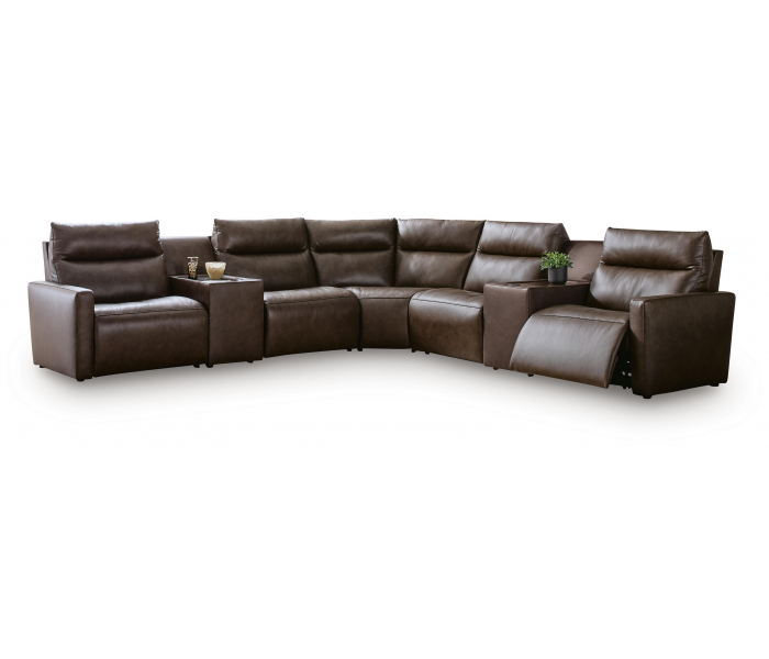 ModZ 7-Piece Power Reclining Sectional With 2 Armless Chairs And 2 Audio Consoles Chocolate, 137"