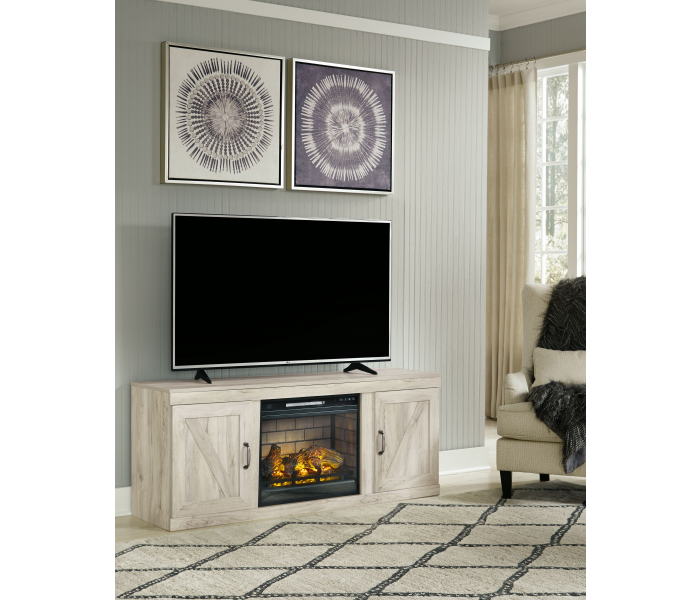 Bellaby TV Stand With Faux Firebrick Fireplace Insert Whitewash