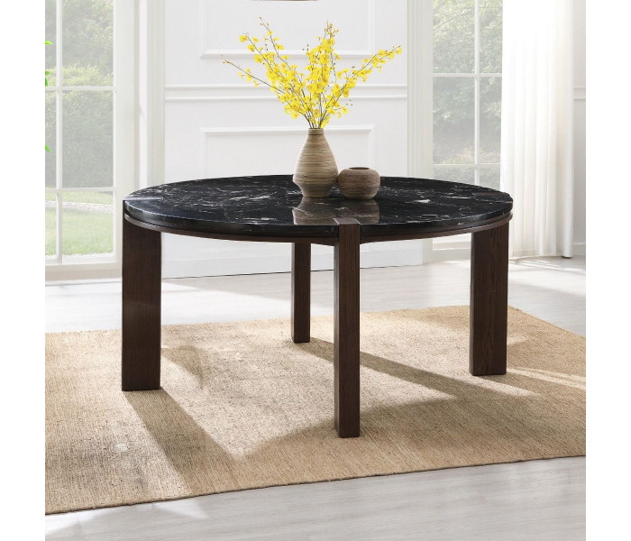 Estella - Round Dining Table With Natural Marble Top - Black Top & Walnut - Dark Brown, 56"