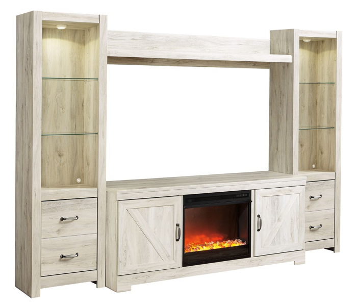 Bellaby 5 Pc. Entertainment Center 63" TV Stand With Fireplace Insert Glass/Stone Whitewash