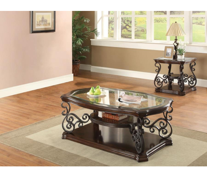 Laney - 2 Piece Glass Top Coffee And End Table Set - Dark Merlot