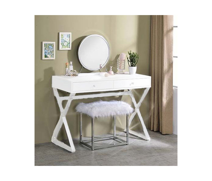 Adao - Vanity Mirror - Faux Fur, Mirror, White & Chrome Finish