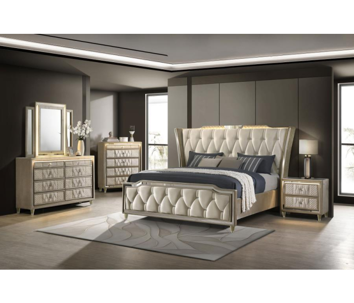 Lorient - 5 Piece Queen Bedroom Set With LED Flame Box Dresser - Ivory And Camel