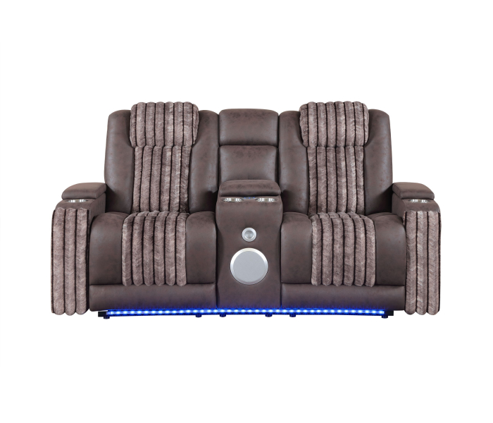 U8000 - Power Reclining Loveseat With Console, Power Headrest, LED Light, Bluetooth Speaker - Brown - Dark Brown