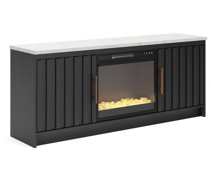 Cadmori 63" TV Stand With Electric Fireplace Insert Glass/Stone Black / White