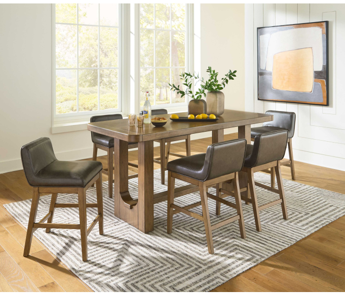 Cabalynn - Light Brown - 7 Pc. - Rectangular Dining Room Counter Table, 6 Upholstered Barstools