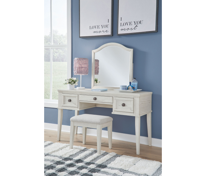 Robbinsdale Mirrored Vanity With Stool Antique White