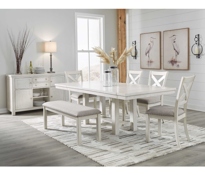 Robbinsdale - Antique White - 7 Pc. - Rectangular Dining Room Extension Table, 4 Upholstered Side Chairs, Bench, Server
