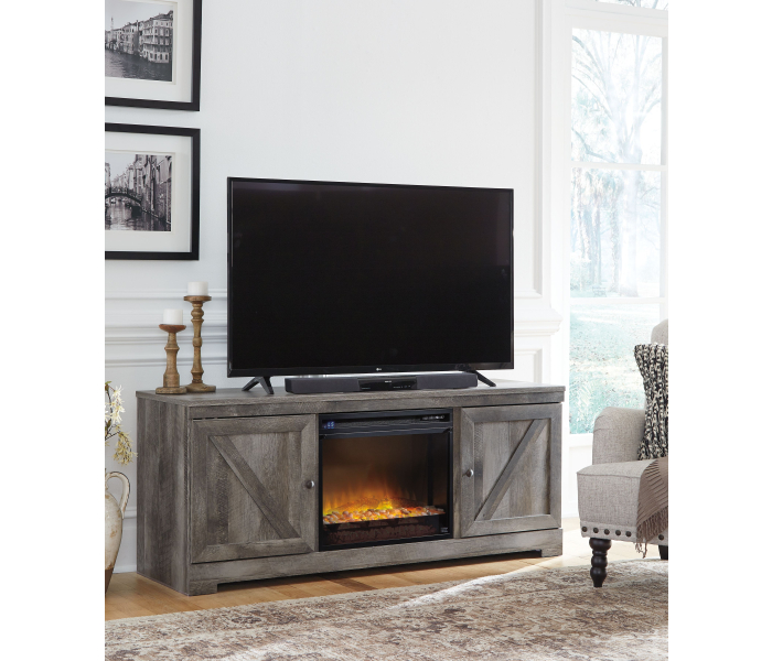 Wynnlow - Gray - 63" TV Stand With Glass/Stone Fireplace Insert