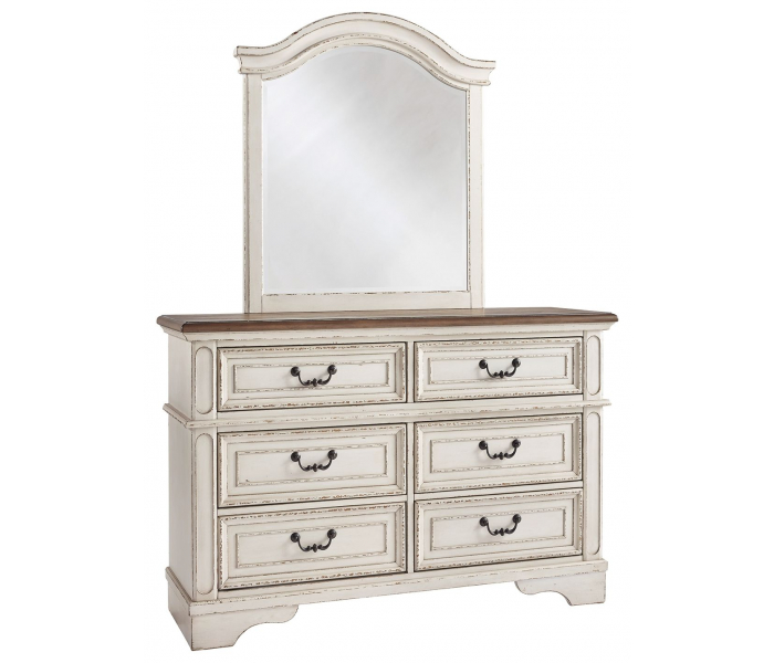 Realyn Dresser, Mirror 6-drawer Chipped White, 54.13" Wide