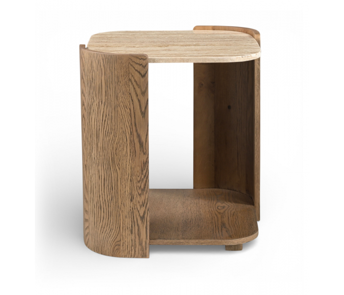 Calabria - Marble And Oak Wood End Table - Beige / Brown - Beige, 20"