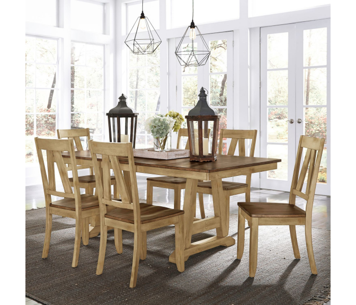 Lindsey Farm - 7 Piece Trestle Table Set - Brown / - Light Brown