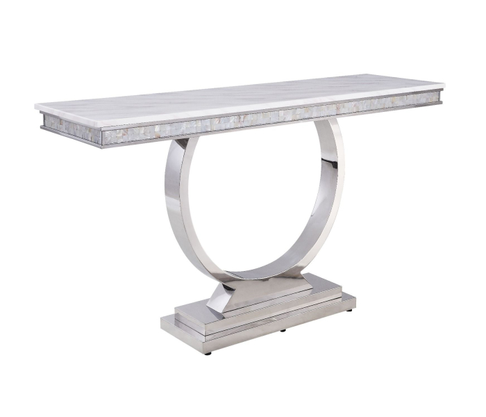 Zander - Accent Table - White Printed Faux Marble & Mirrored Silver Finish, 63"